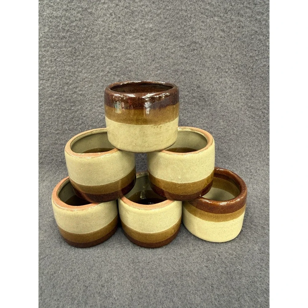 Stoneware Ceramic Striped Napkin Rings Set Of 6 Brown Rustic Table Decor